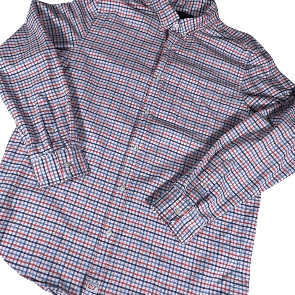 Vineyard Vines Murray Shirt Mens Large Red Blue Plaid Slim Fit Stretch Button Up
